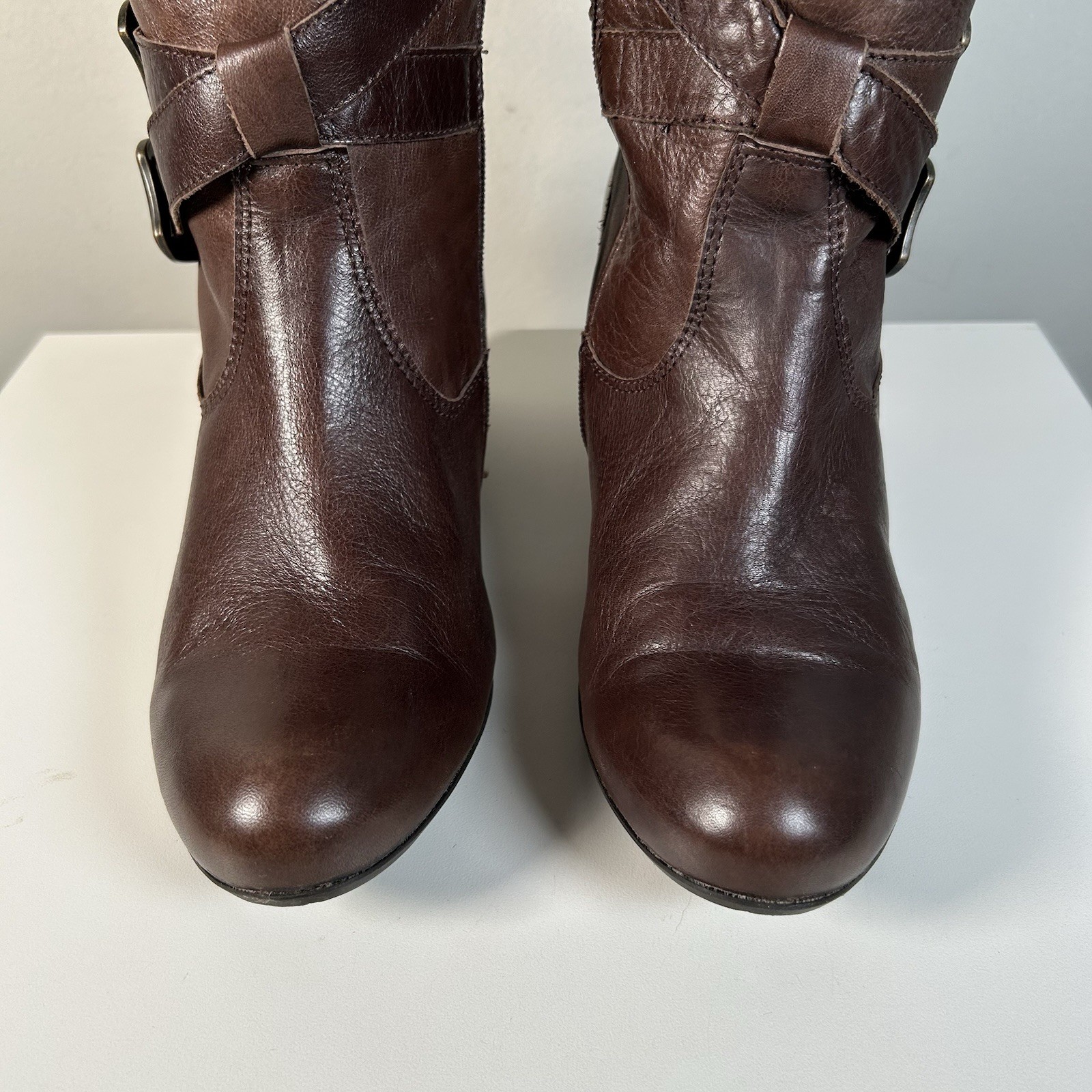 Miz Mooz Brown Brown Leather Moto Buckle Strap Hidden Wedge Boot Sz 8.5