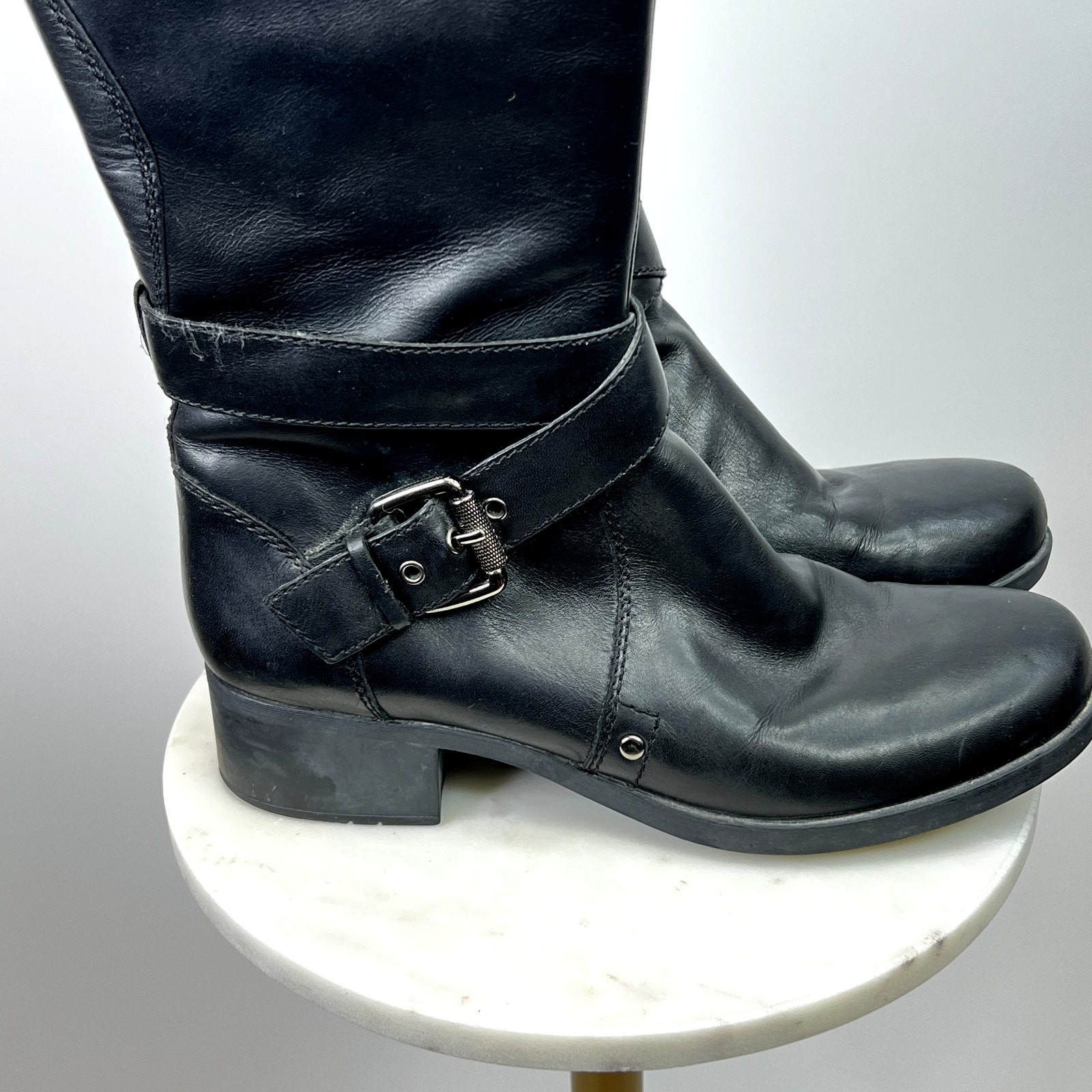Franco Sarto Piston Tall 100% Leather Black Boots with Buckle Detailing SZ 7 1/2