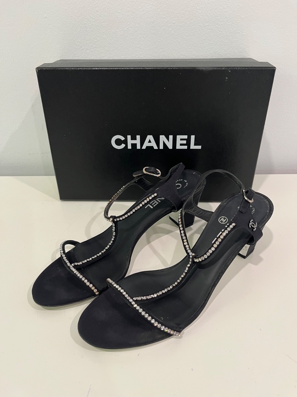 Chanel Interlocking CC Logo Black Satin T-Strap Crystal Embellished Heels EU 39