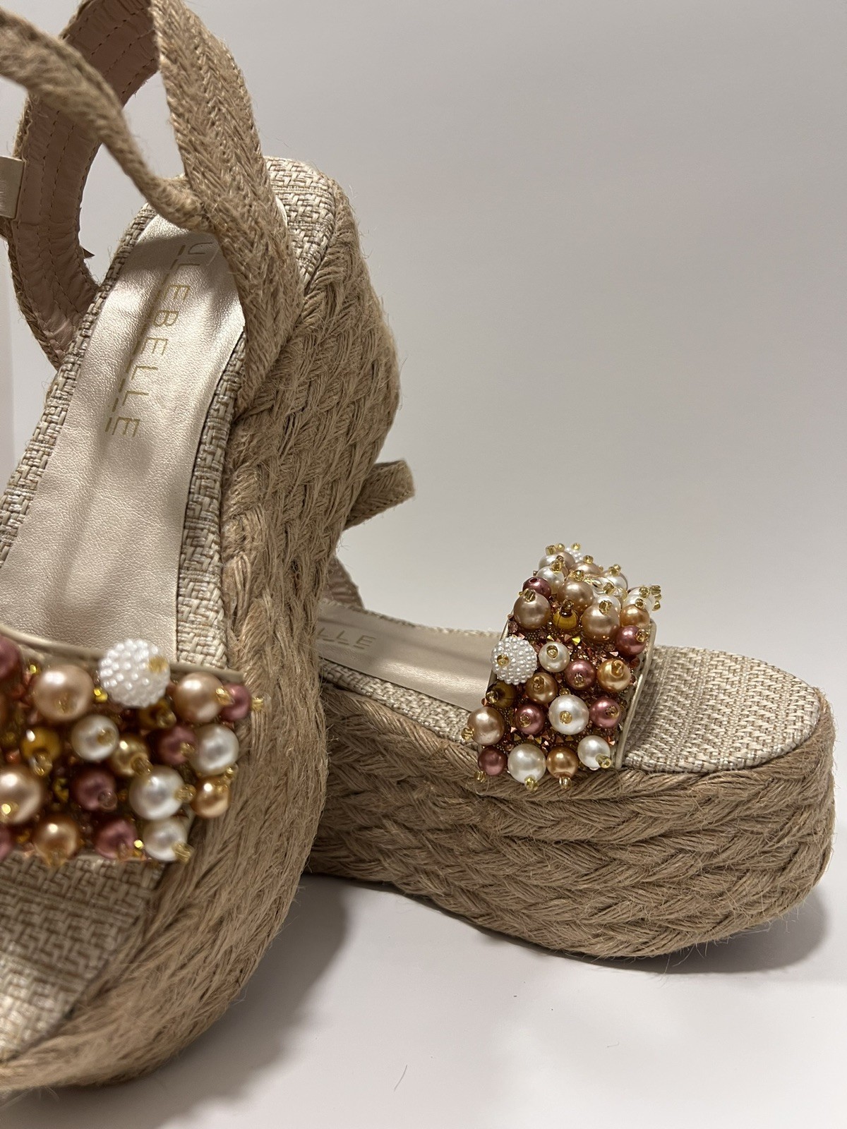 Espadrilles Sandals, rose gold, brown, and white beads, ankle straps, comfy
