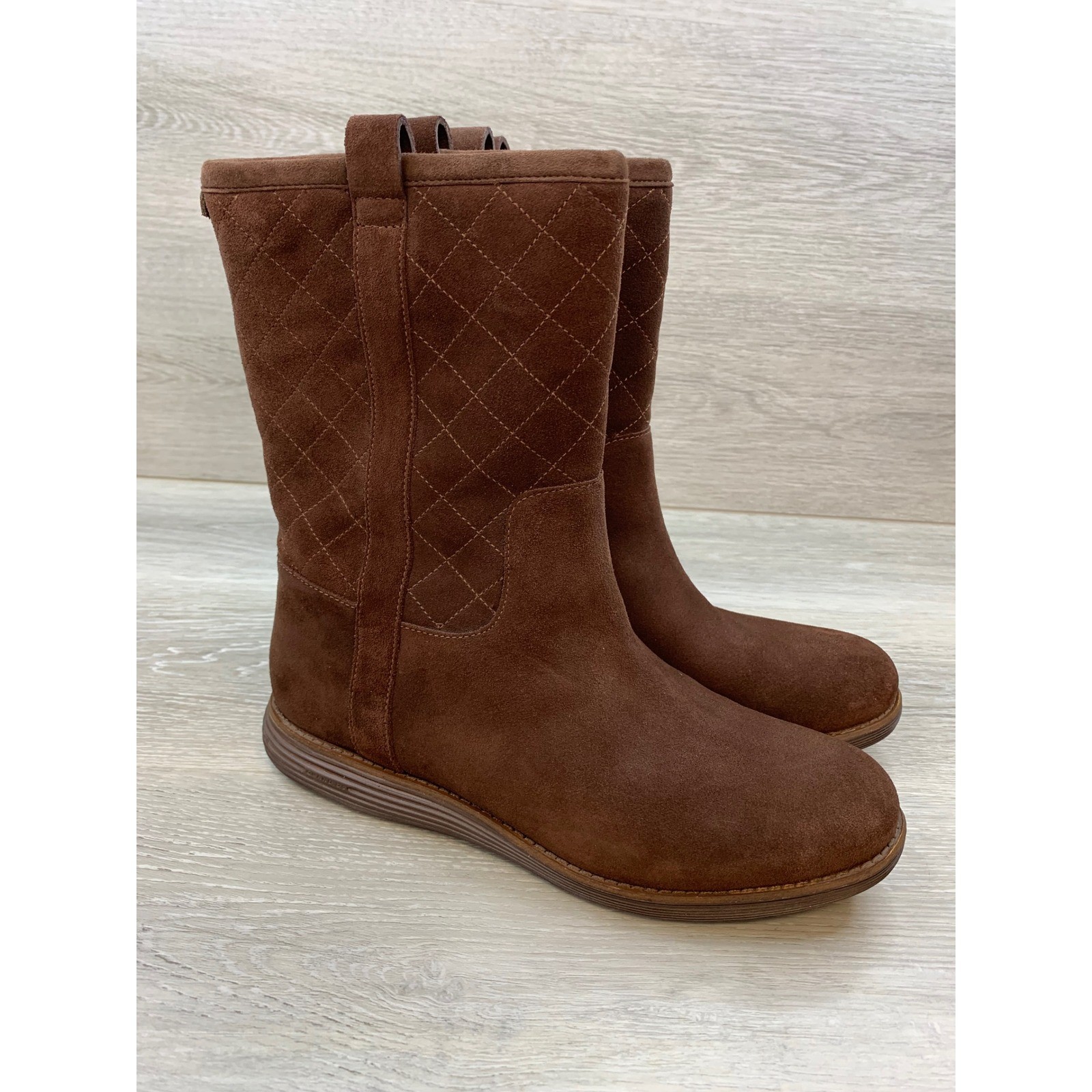 Cole Haan Women’s Mid Calf Boots Waterproof 10 Brown Suede Quilted Shoes