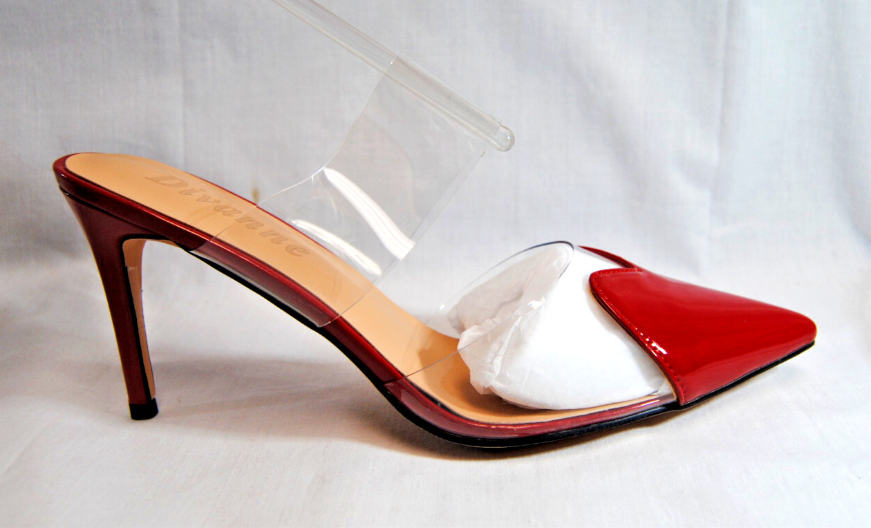 Divanne Womens Heart Heeled Mules Pointed Toe Clear Strap Pumps High Heels T2344