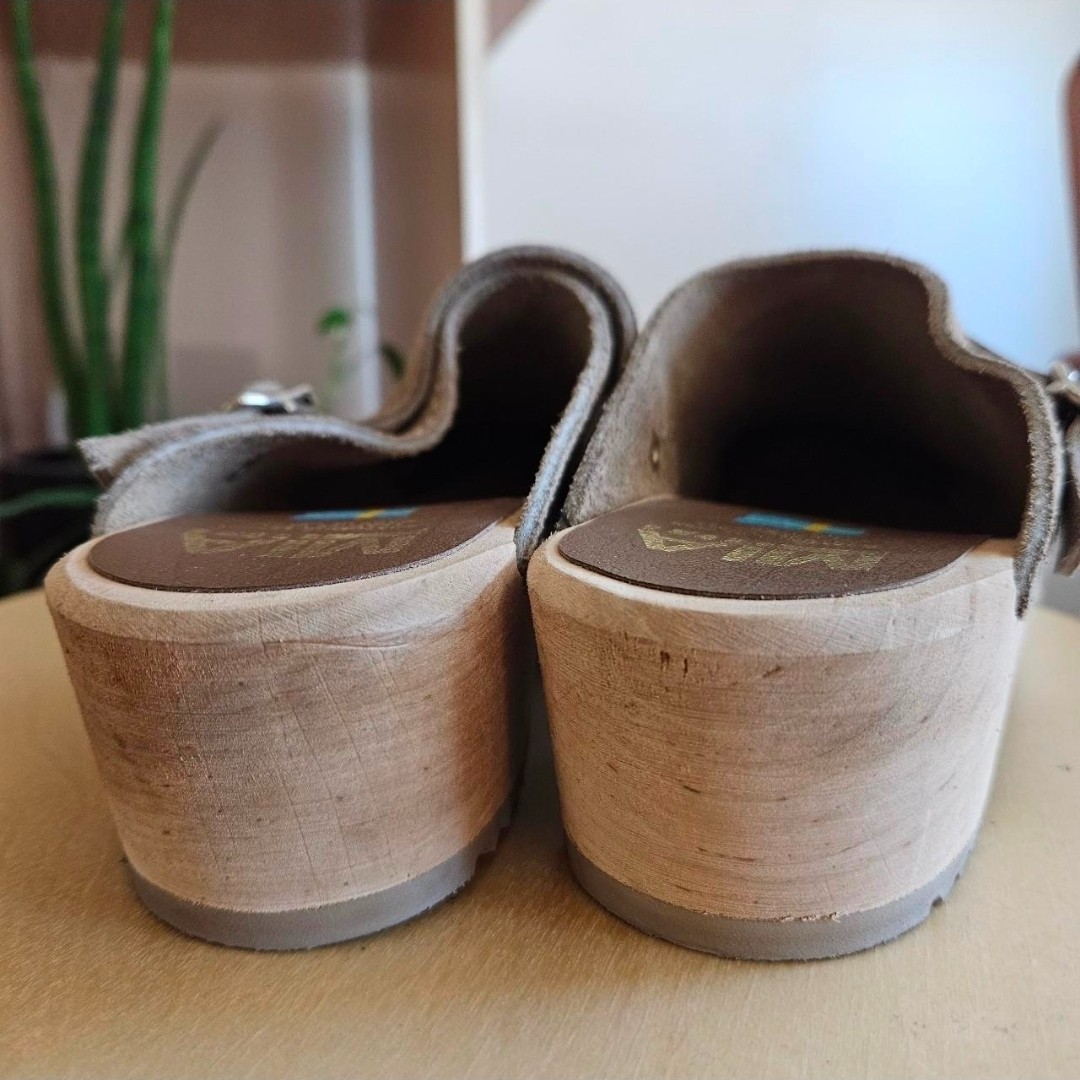 mia taupe suede leather slides mules clogs retro boho cottage hippie indie urban