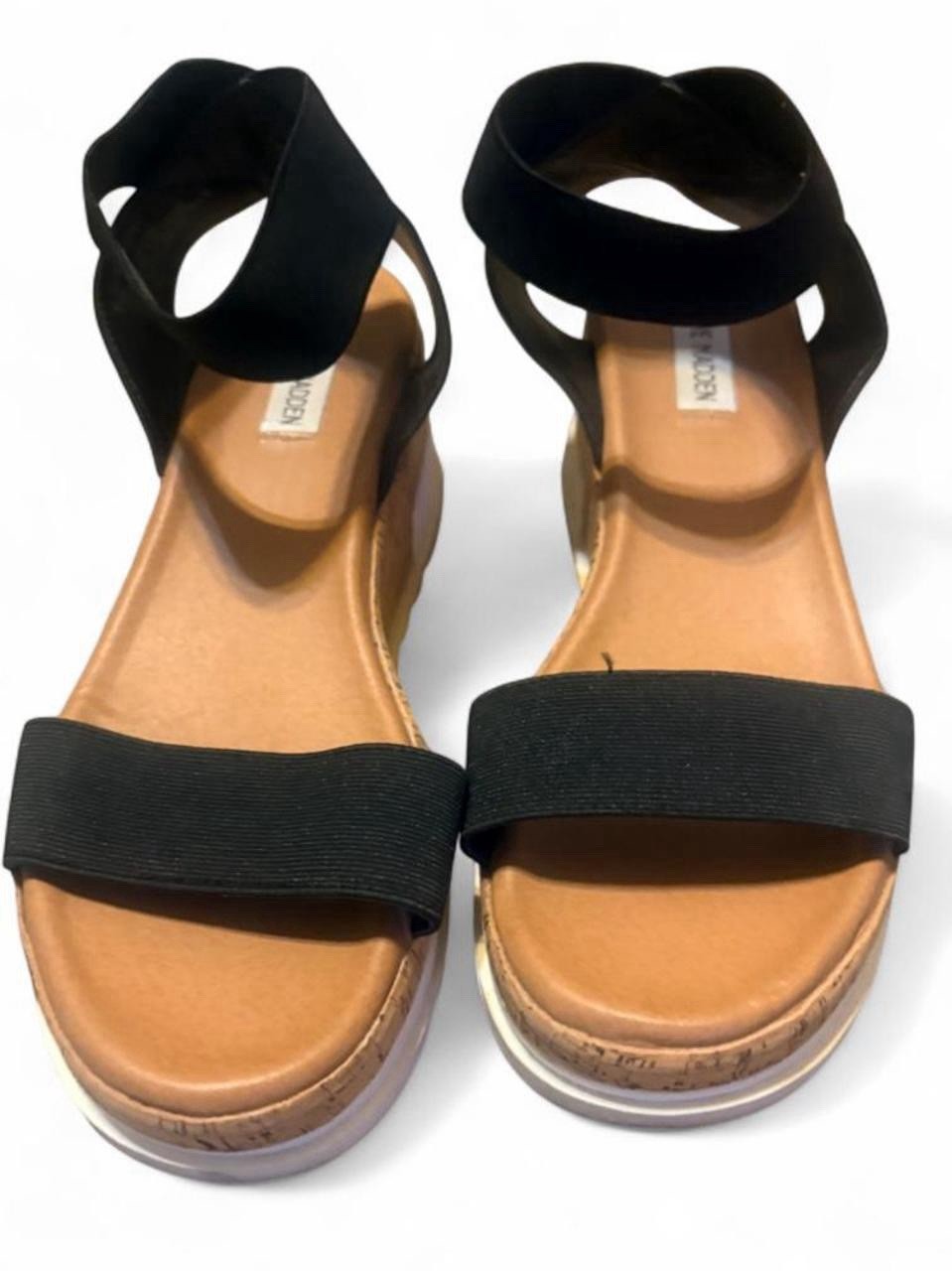 Steve Madden black platform sandals with cork sole and black elastic straps. 10M