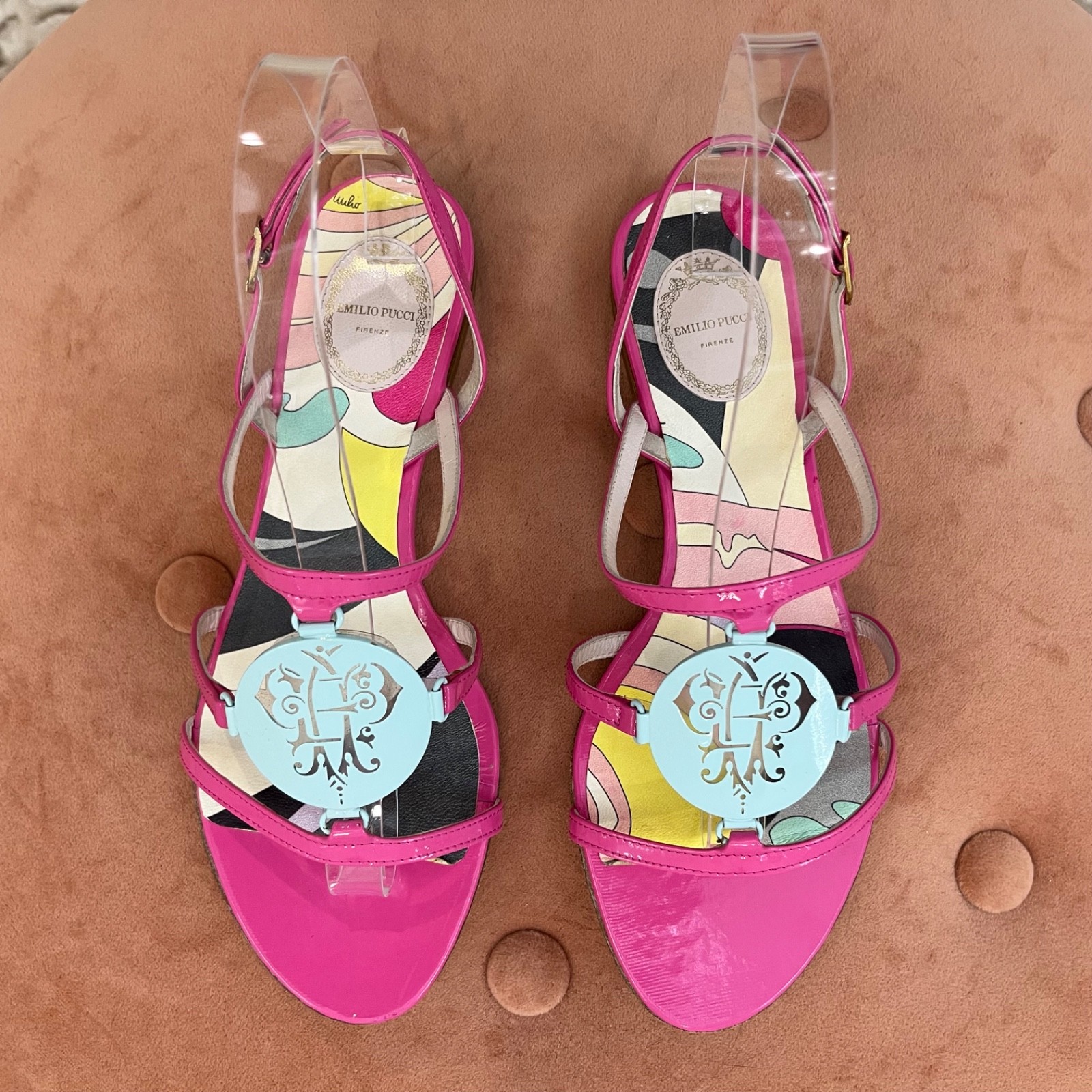 Emilio Pucci Leather Sandals Flats W Dust Bag Pink Green Logo Medallion- Size 37