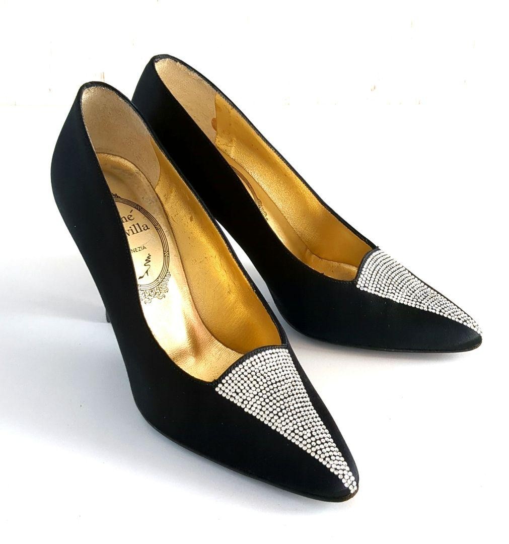 Rare Rene Caovilla Black Rhinestone High Heels Size 6.5 23.5cm 8.5cm Heel