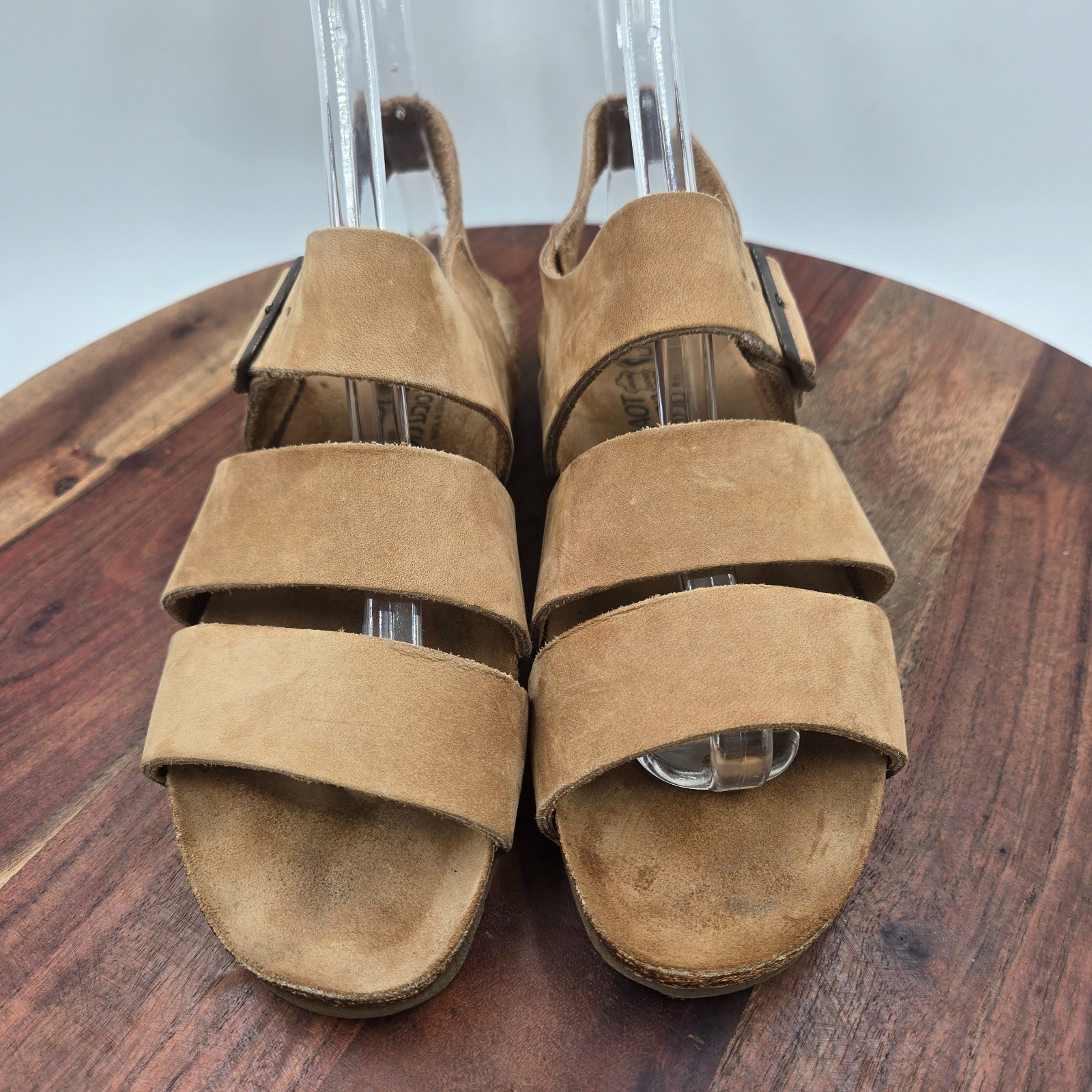 Naot Sandals Women 38 / 7 Tan Brown Nubuck Comfort Strappy Buckle Cork Slingback