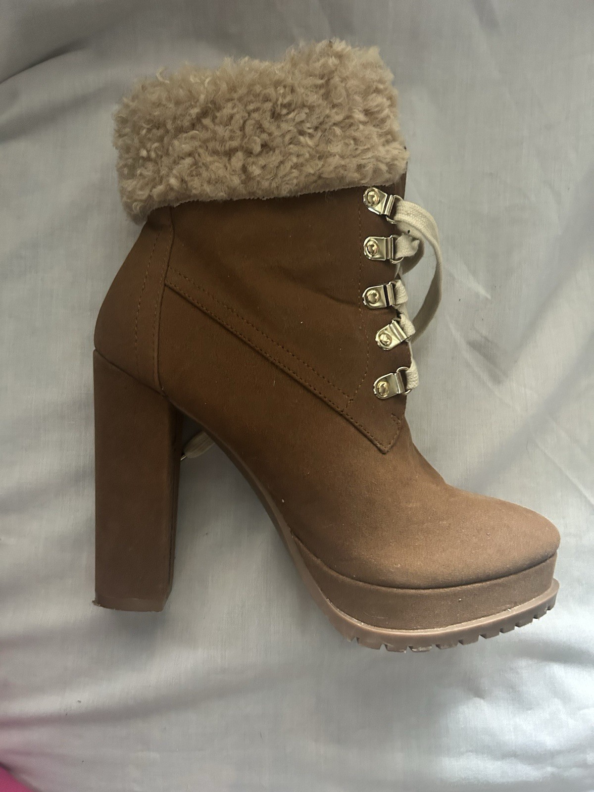 Women’s Shoedazzle Anneli Size 6 Cognac Furry Platform Lace Up Bloc Heel Bootie