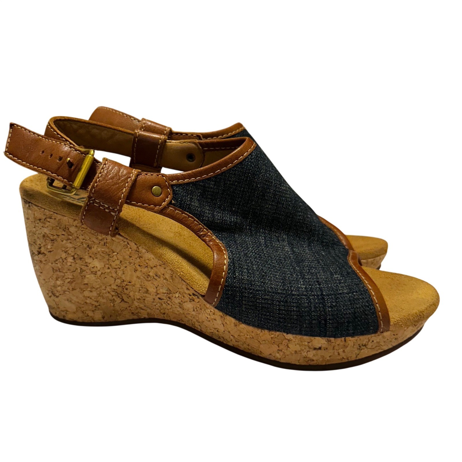 Clarks Elements Denim Leather Cork Wedge Sandals Brown Blue 9M 87669