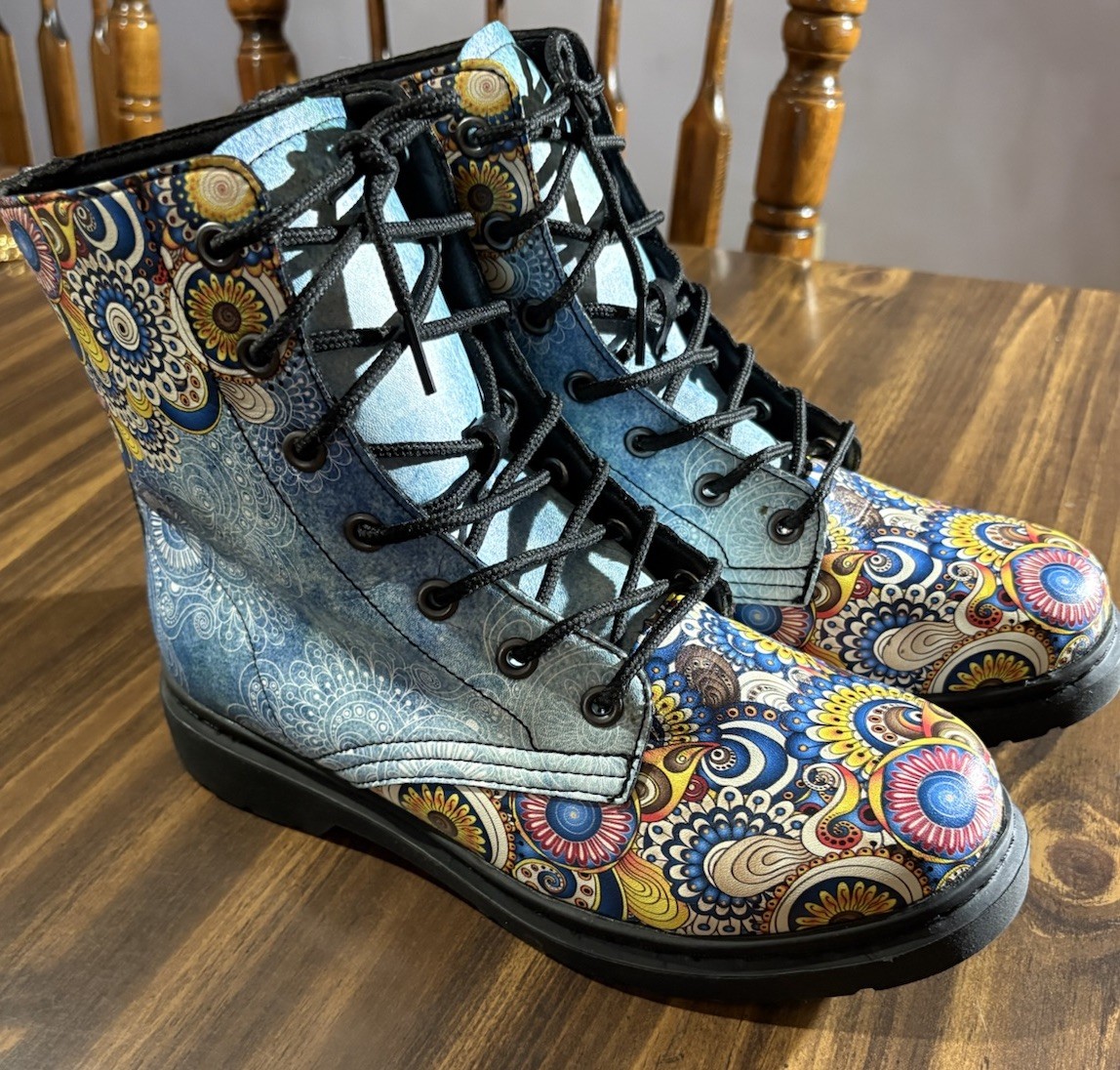 Yes We Vibe Vegan Leather Combat Boots Colorful Flower Mandala 8 Men 9.5 Women