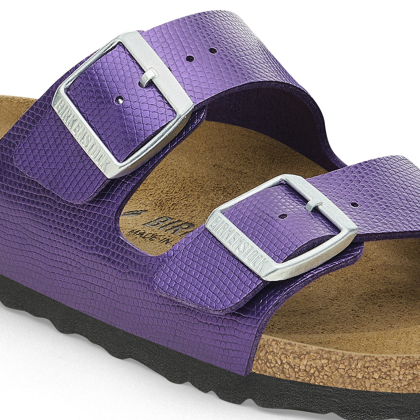 BIRKENSTOCK ARIZONA SHINY LIZARD ACAI MEDIUM/NARROW WIDTH SLIDE SANDALS VIOLET
