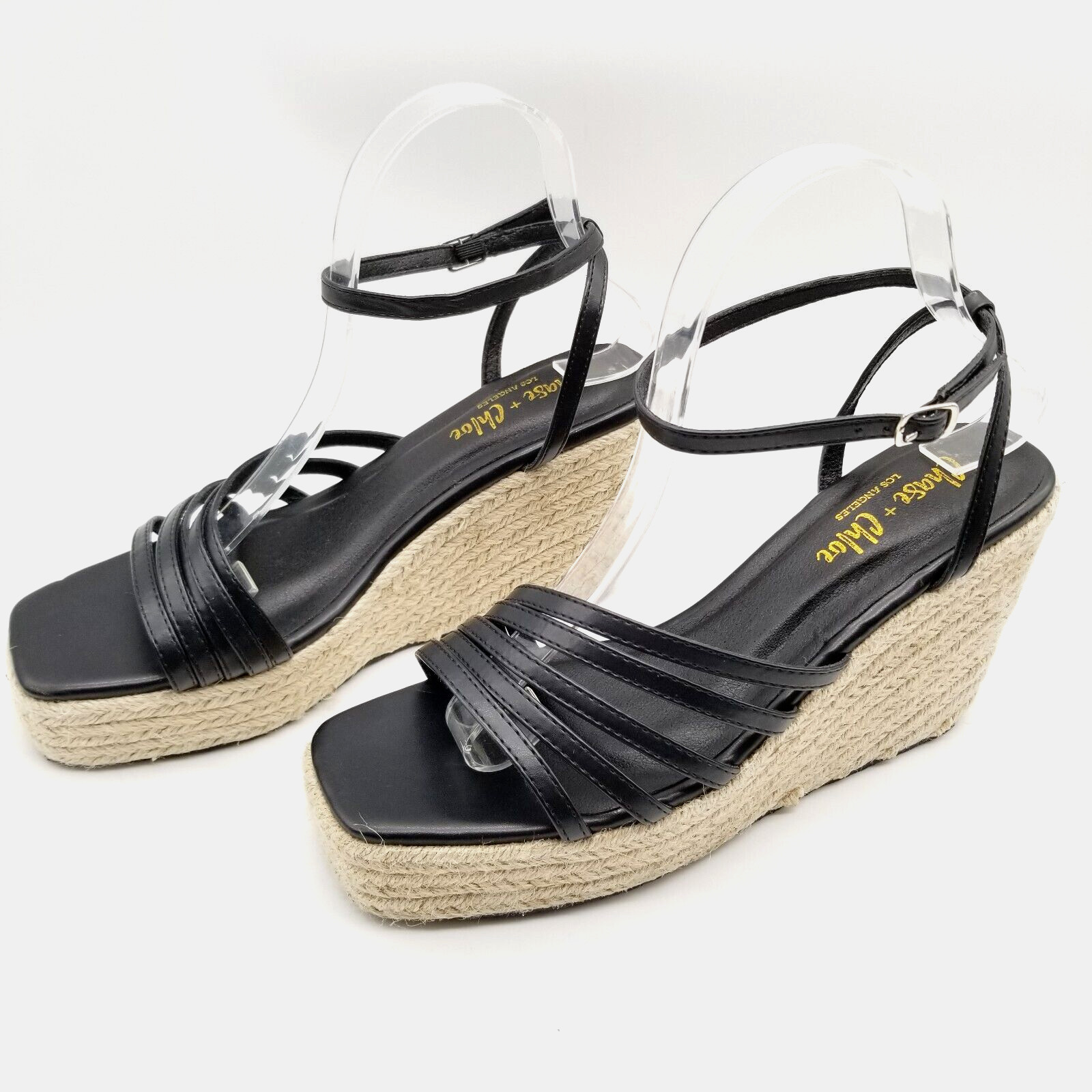 Chase Chloe Women Strappy Wedge Sandals Size 9 Ankle Strap Black Faux Leather