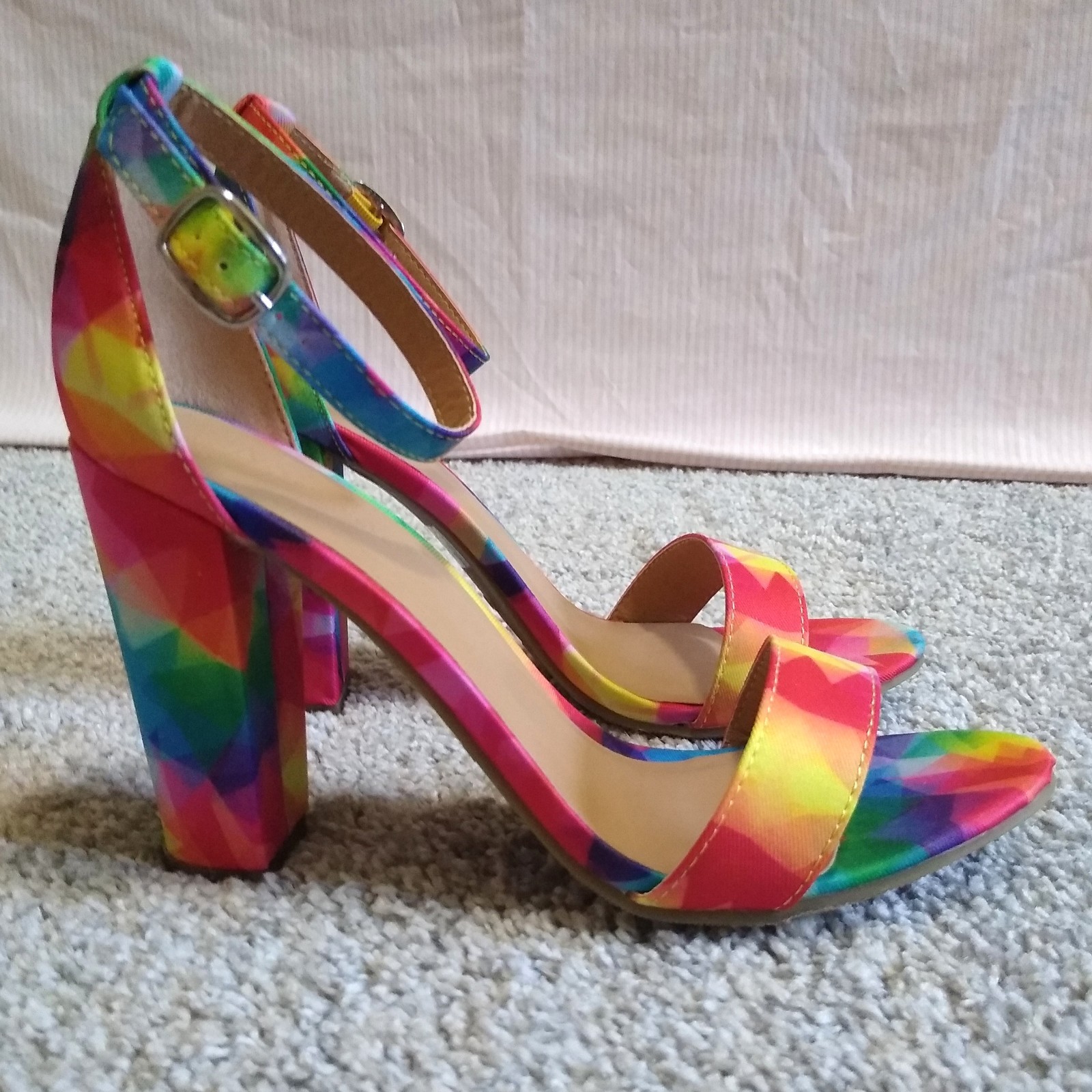 Y2K High Heels Rainbow Chunky Heels Sandals Textured Fabric Vintage Heels NIB 7