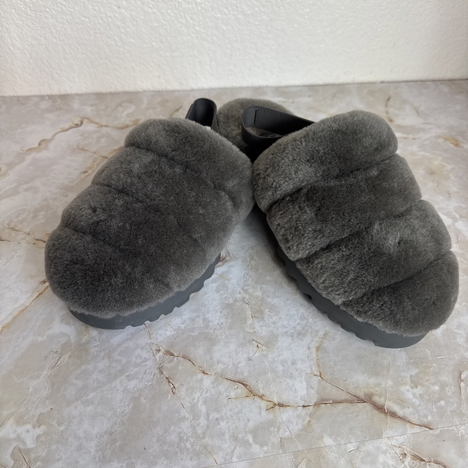Ugg Womens Super Fluff Gray Slingback Slippers Shoes 8 Medium (B,M)