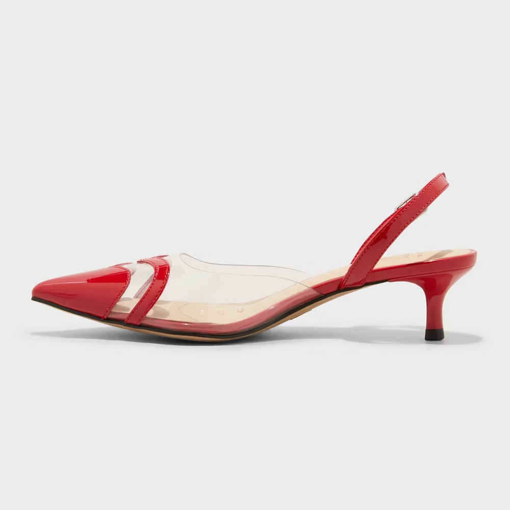 A New Day Shoes Womens Size 7.5 Red Clear Pointed Toe Heels Eleanor Heart Detail