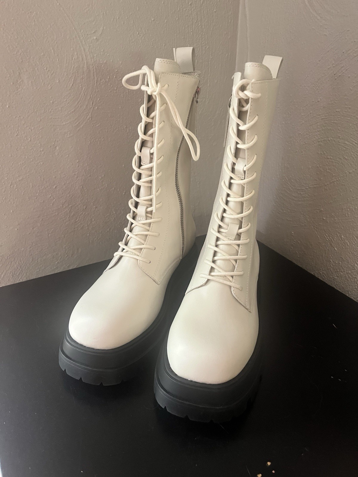 ASH ELTON White Leather Lace-Up Mid-Calf Combat Boots Lug Sole EU 38