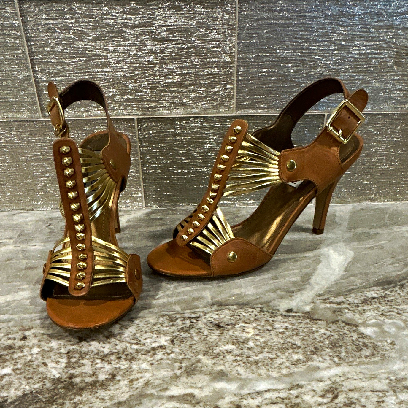Steve Madden Brown Gold Synthetic Studded Strappy Open Toe Buckle Heels 9.5