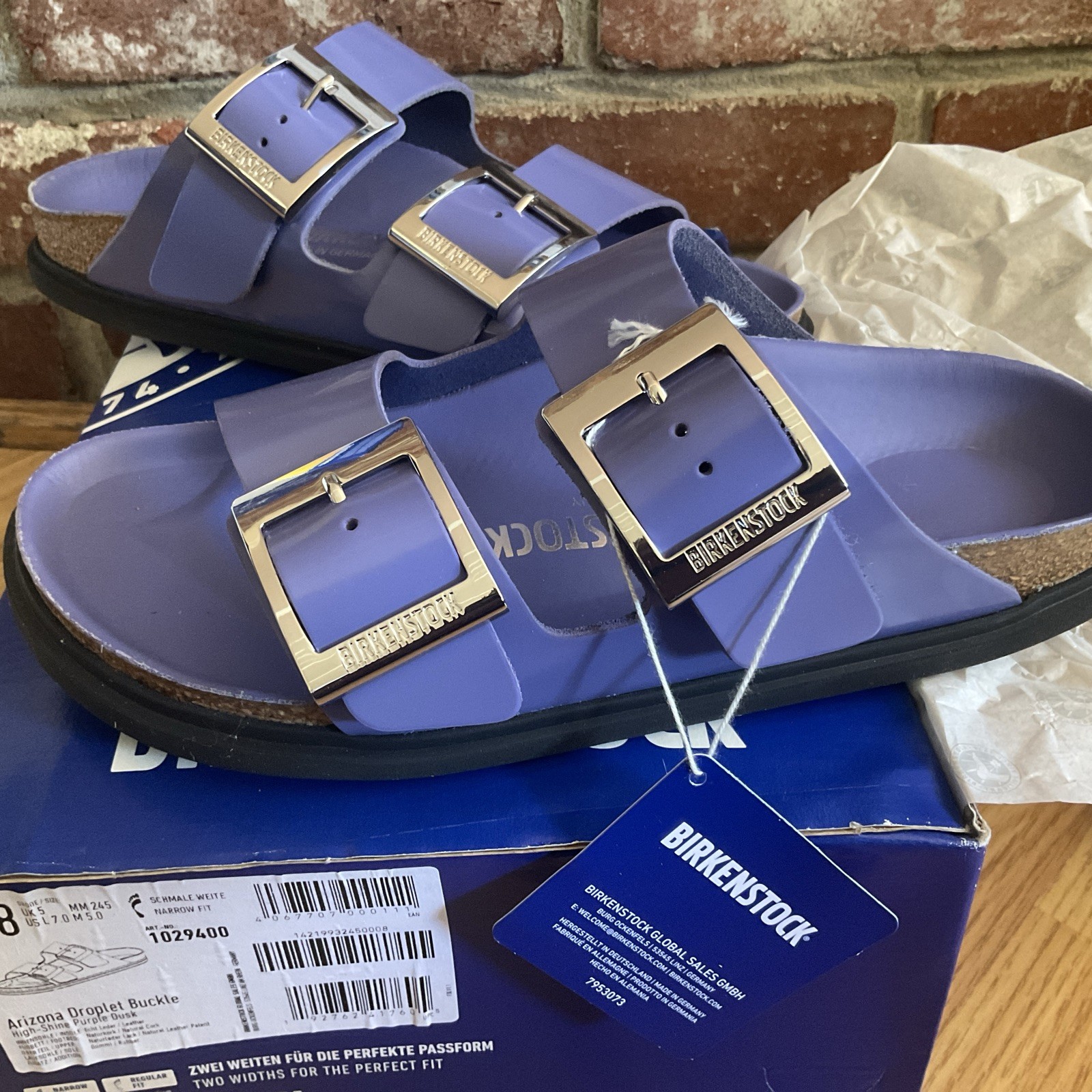 Birkenstock Arizona Big Buckle HIGH SHINE Leather Narrow Sandals EU 38 Purple