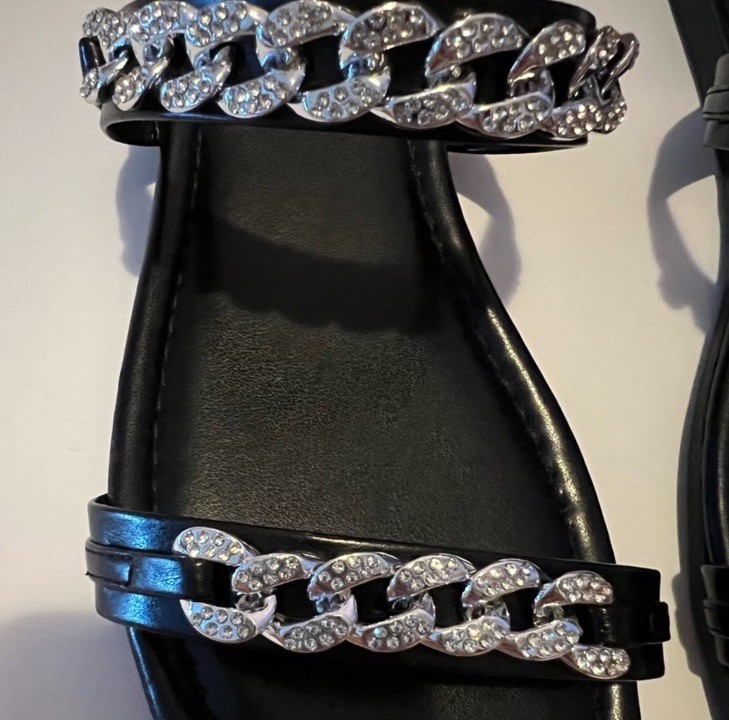 MARIELLA Made In Italy Silver Chainlink Black Flat Sandals, Size 7.5