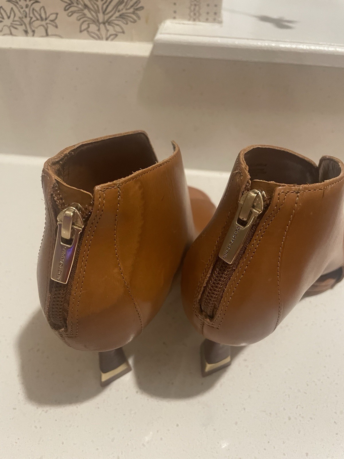 Vince Camuto Brown Leather Open Toe Square Toe Cone Heel Booties Zip Accent
