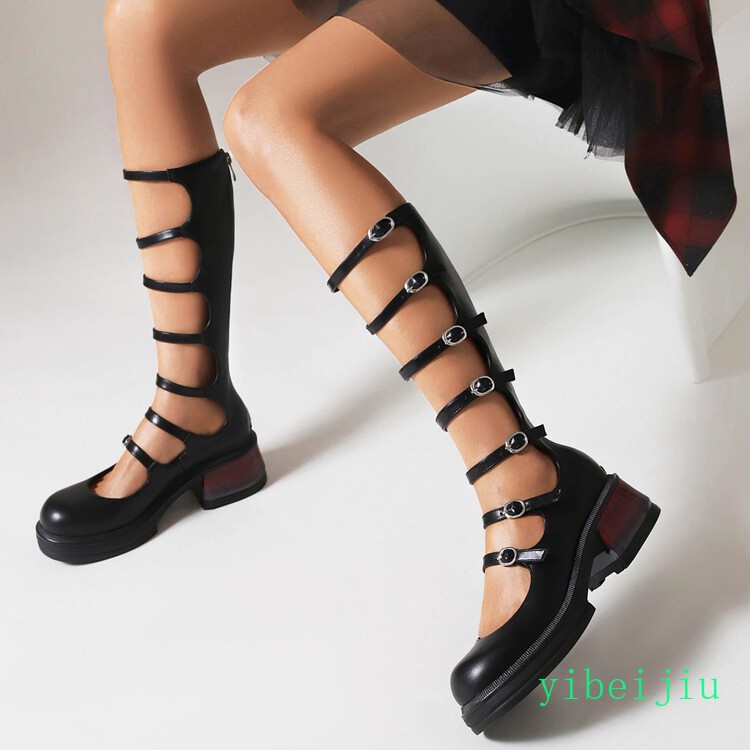 2025 Women’s Platform Low Cuban Heel Multi Buckles Knee High Mary Janes Shoes OL