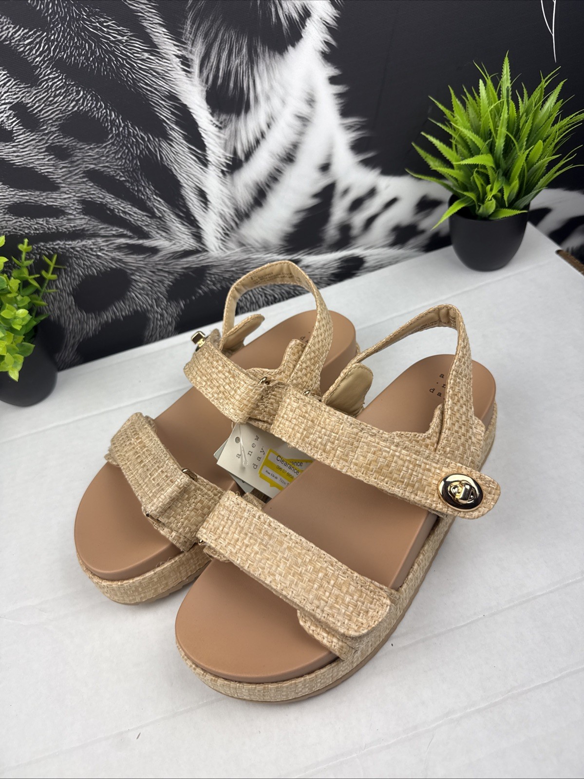 A New Day «Tanner» Woven Raffia Platform Sport Sandals – Tan/Beige Size 8.5