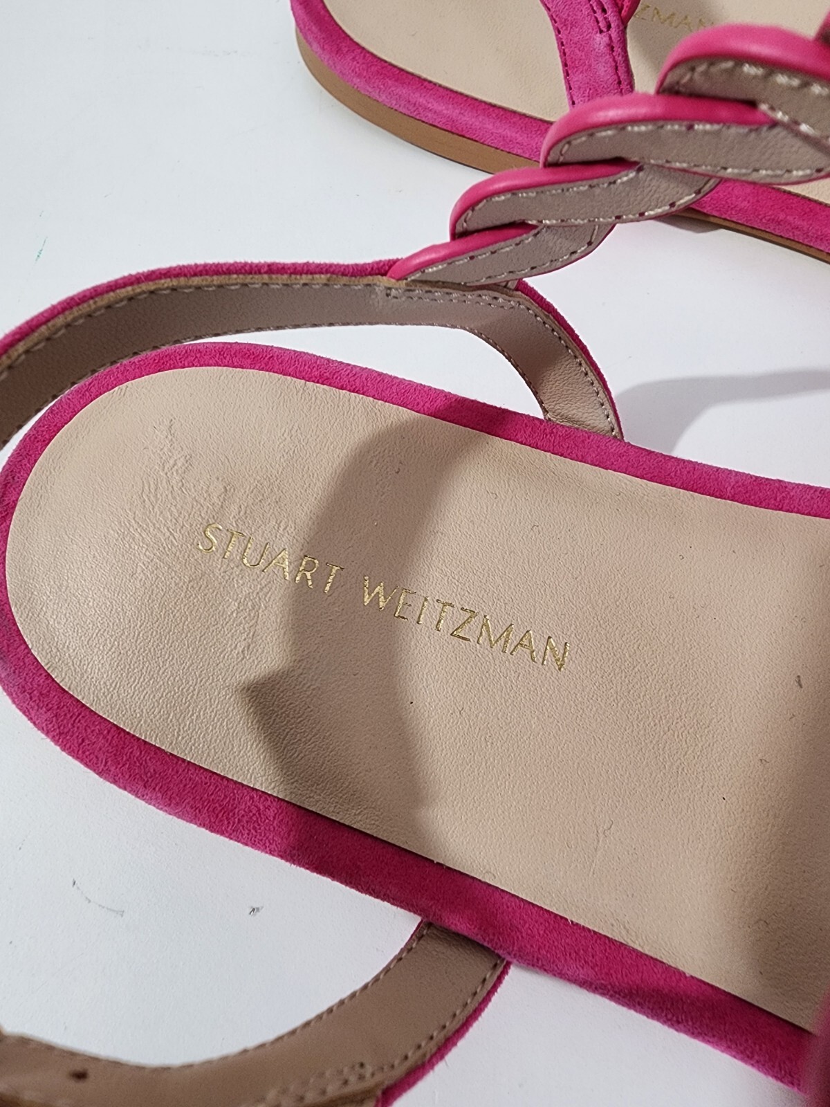 Stuart Weitzman Twistie Pink Suede Ankle Strap Flat Sandal Shoes Womens Sz 7.5B