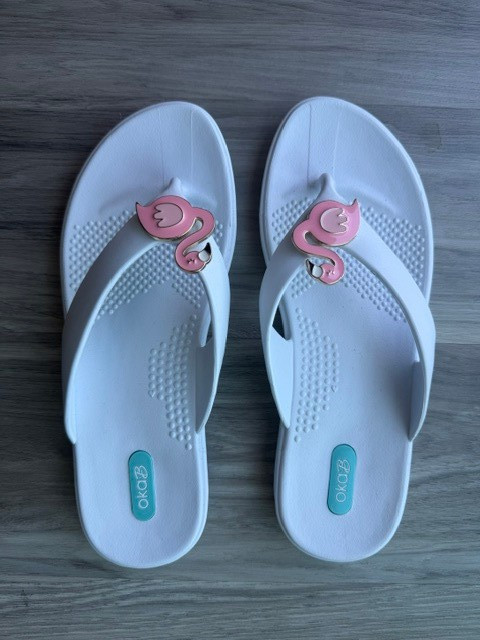Oka-B Flip Flops White Pink Flamino Design Size M/L NWT Mint Free Shipping