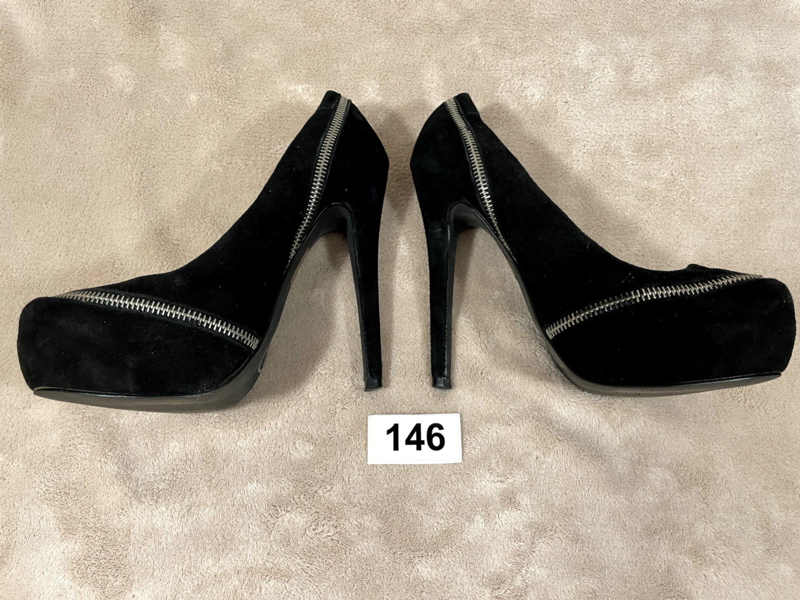 COLIN STUART STILETTOS, Black Suede Zipper Platform 5.5″ Heels Size 7.5 B