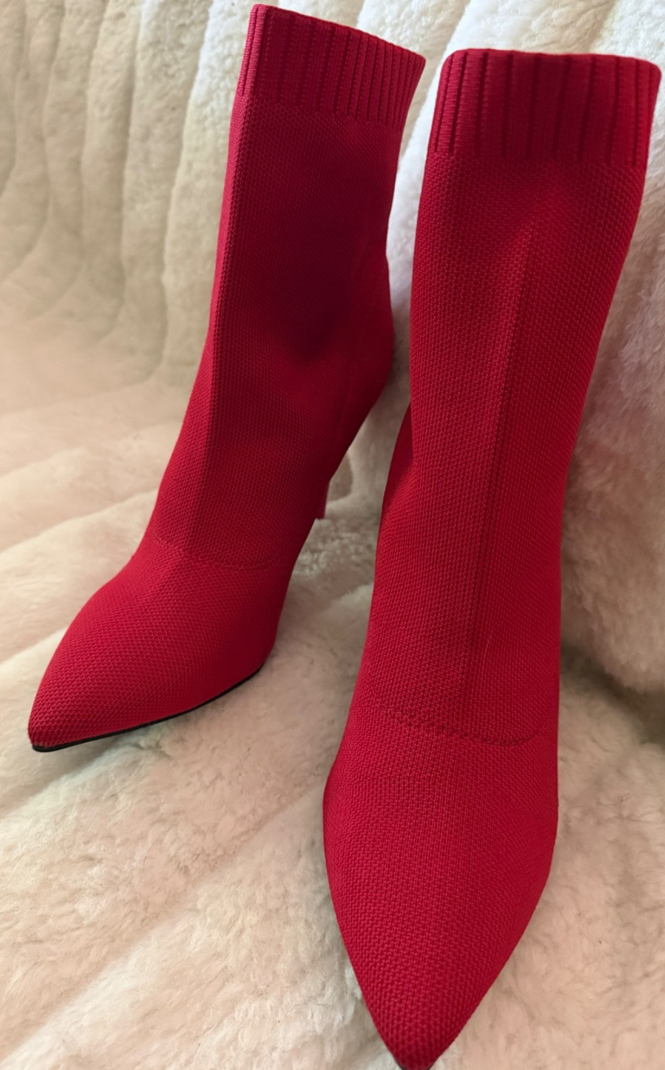 GUESS SIZE 9 Red Textile Upper Stretch Stiletto Logo Back Mid Calf Bootie NWOB