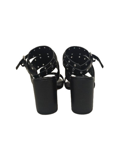 Rebecca Minkoff Black Carter Grommet Chunky Block 3.5″ Heel Sandal Size 6.5