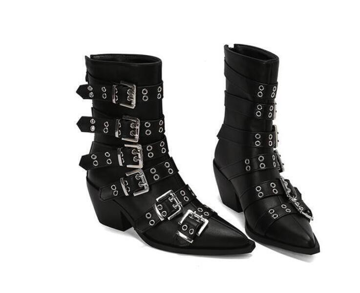 Women’s Pointed Toe Faux Leather Ankle Boots Punk Motor Casual Clubwear Shoes SZ