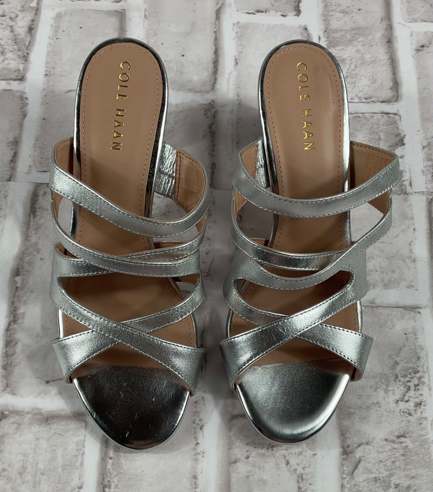 Cole Haan Alyse Sandal Womens Sz 5.5 B Silver Specchio Leather Block Heel