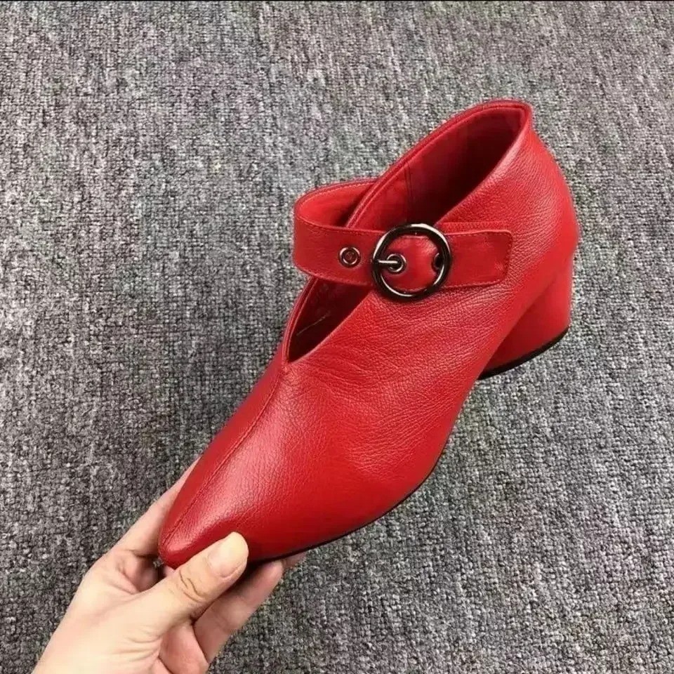 Women’s Pointed Toe Chunky Heel Pumps Buckle Retro Dress Party Shoes Black