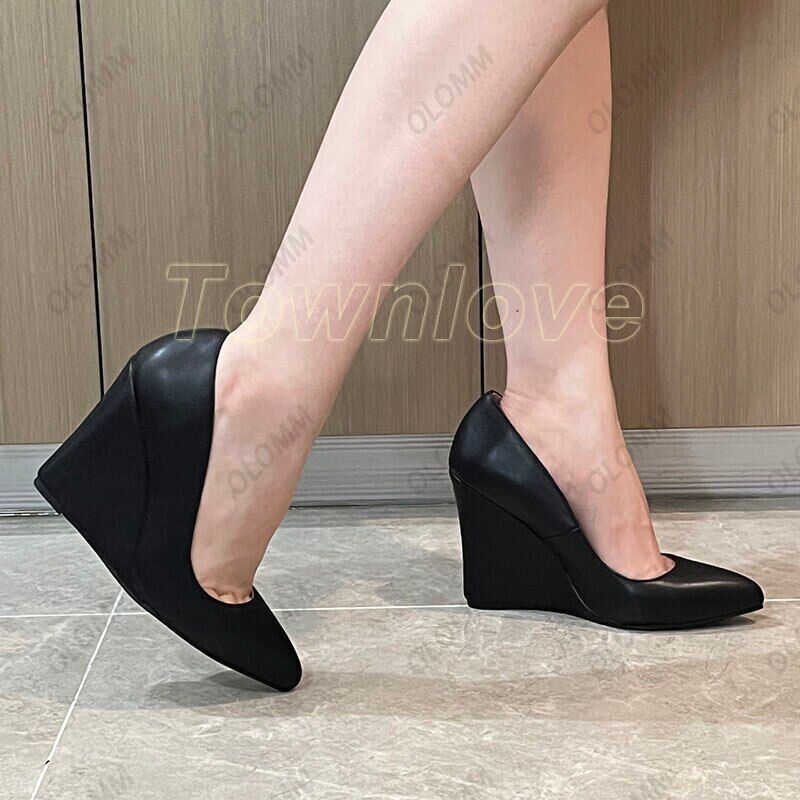 Women Summer Pumps Wedges Heels Pointed Toe Black Shoes Ladies Plus US Size 4-15