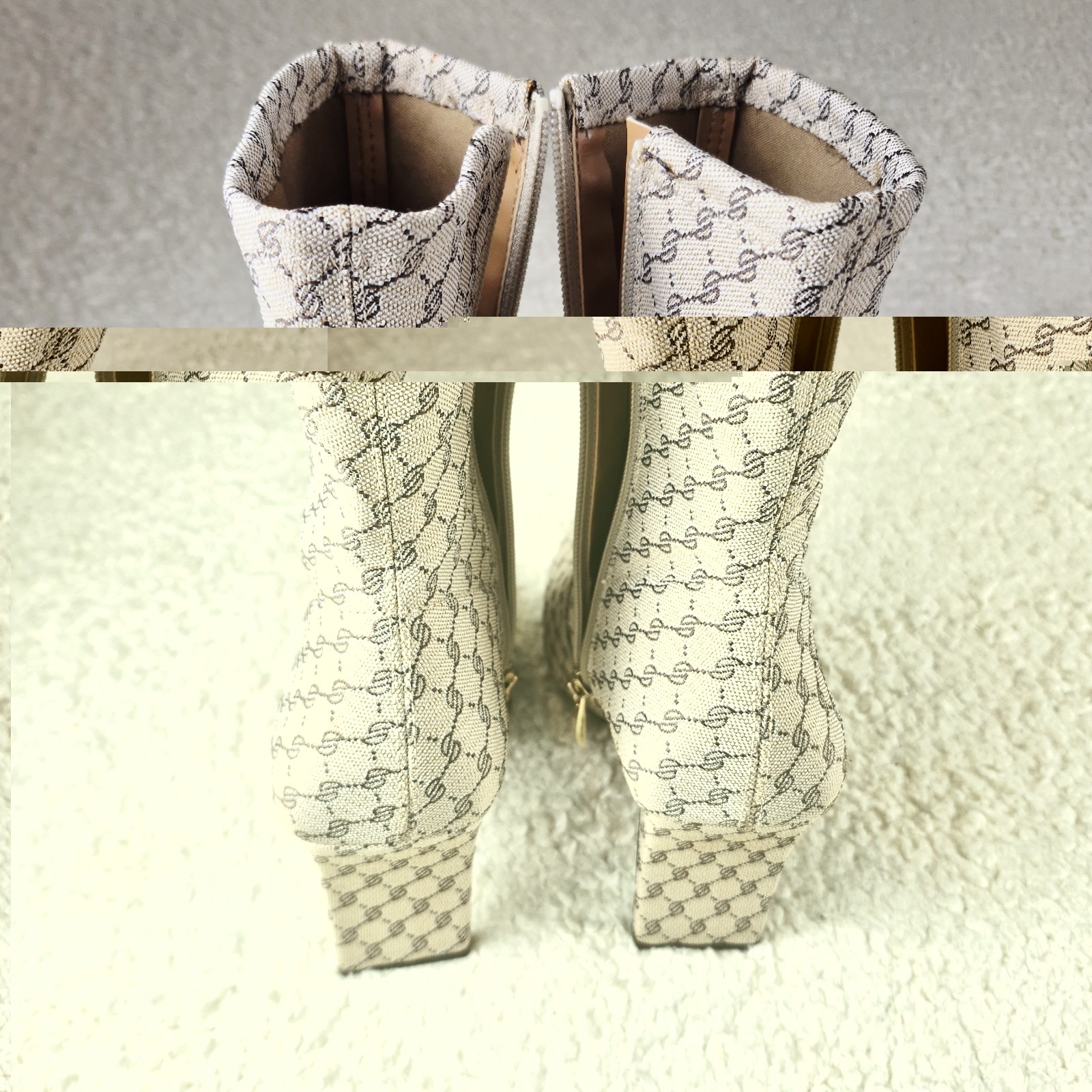 Franco Sarto L-Avana Monogram Ankle Boot 7.5 Pointed Toe Block Heal Beige Canvas