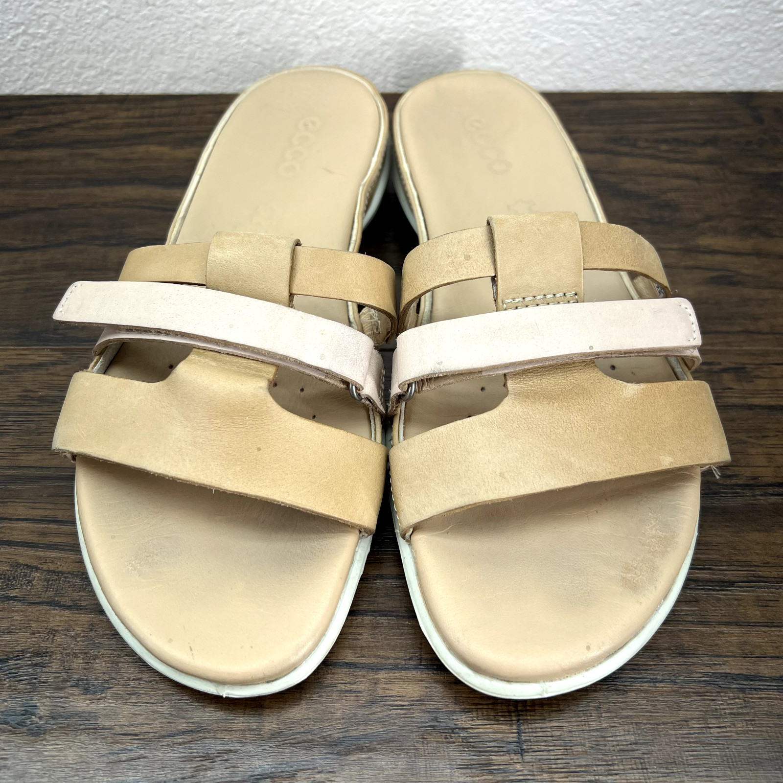 Ecco Sandals Slide Walking 6.5 EU 37 Beige Tan Leather Everyday Casual Travel