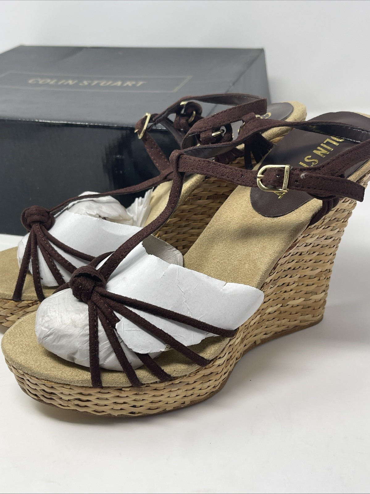 Colin Stuart Isabella-Knot Wedge Leather Strappy Sandals Brown W/ Box Small Flaw