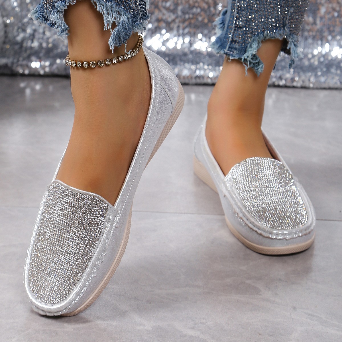 Men’s Loafers Flat Glitter Rhinestone Round Toe Causal Mary Janes Shoes Slip On