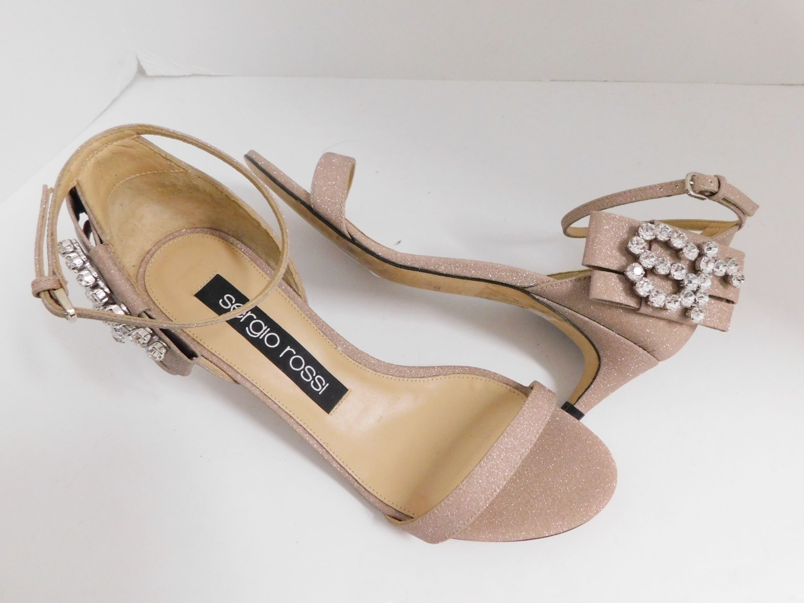 Sergio Rossi Cipria Metallic Crystal Logo Heels Sandals $980rt sz 38