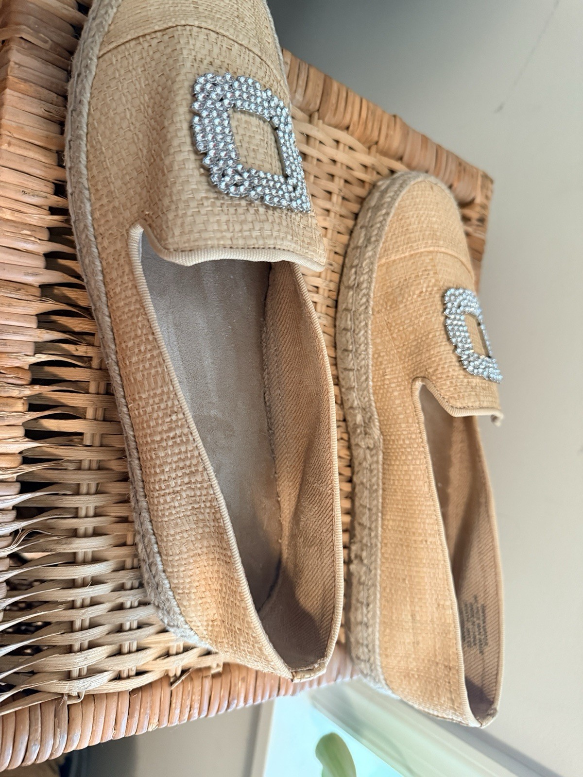 On 34th Women’s Espadrille Loafers Rhinestone Buckle Tan/Natural Size 12