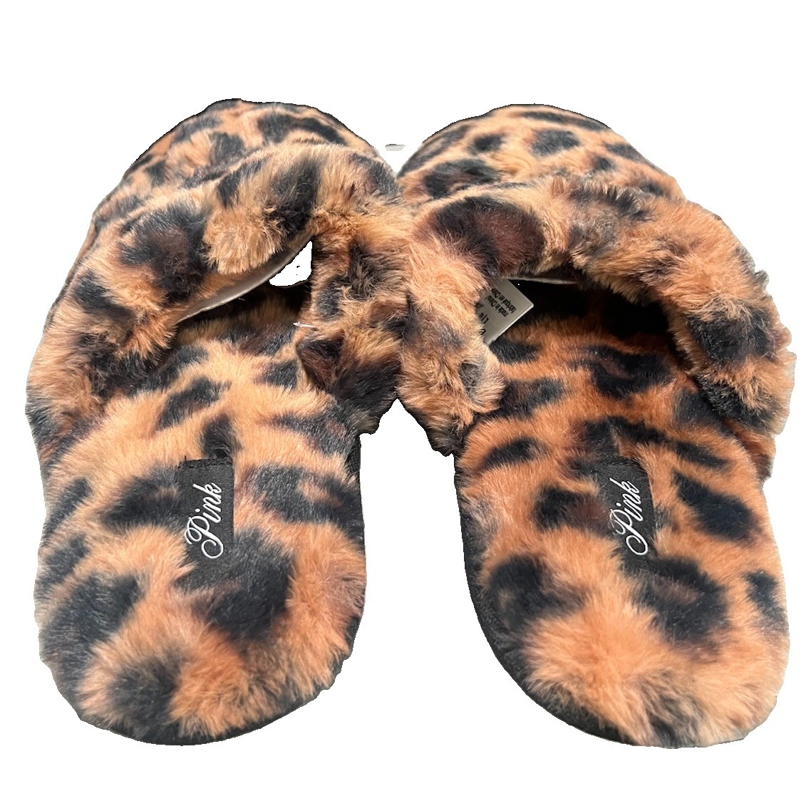 Victoria’s Secret Pink Plush Bling Logo Faux Fur Leopard Slippers Size Large