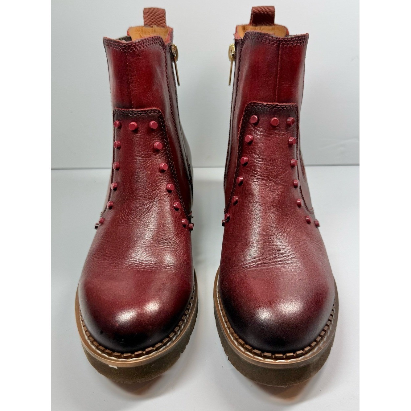 Pikolinos Women’s Burgundy Leather Chelsea Boots Stud Detail Size EU 36 US 5-6