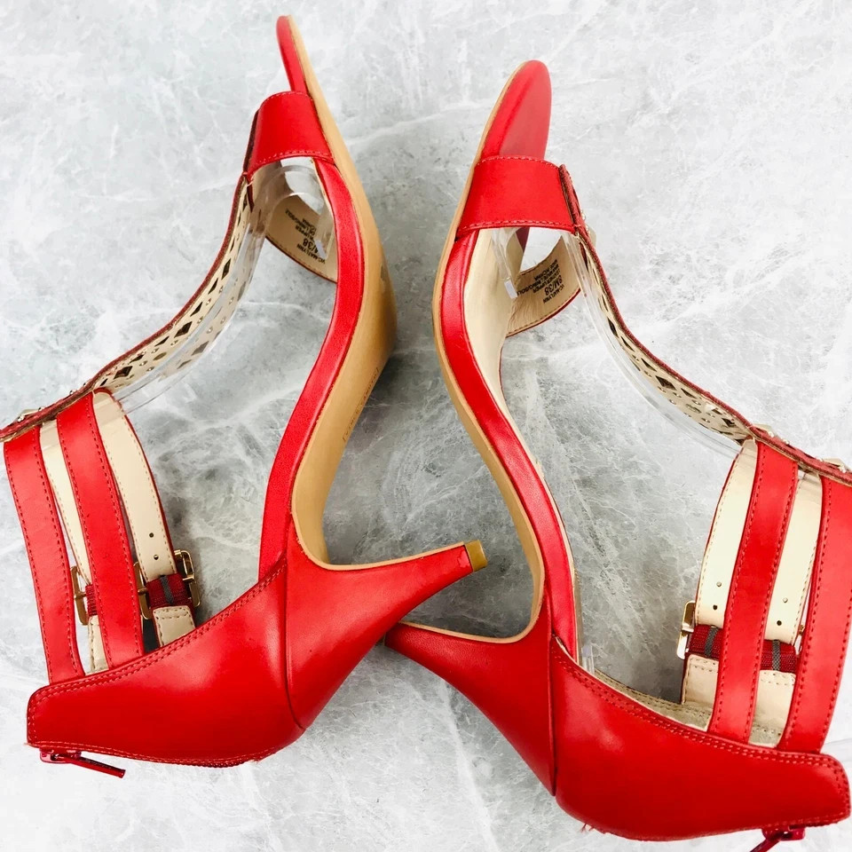 Vince Camuto Red Leather Studded T-Straps Buckle Heels Open toe Womens Size 8