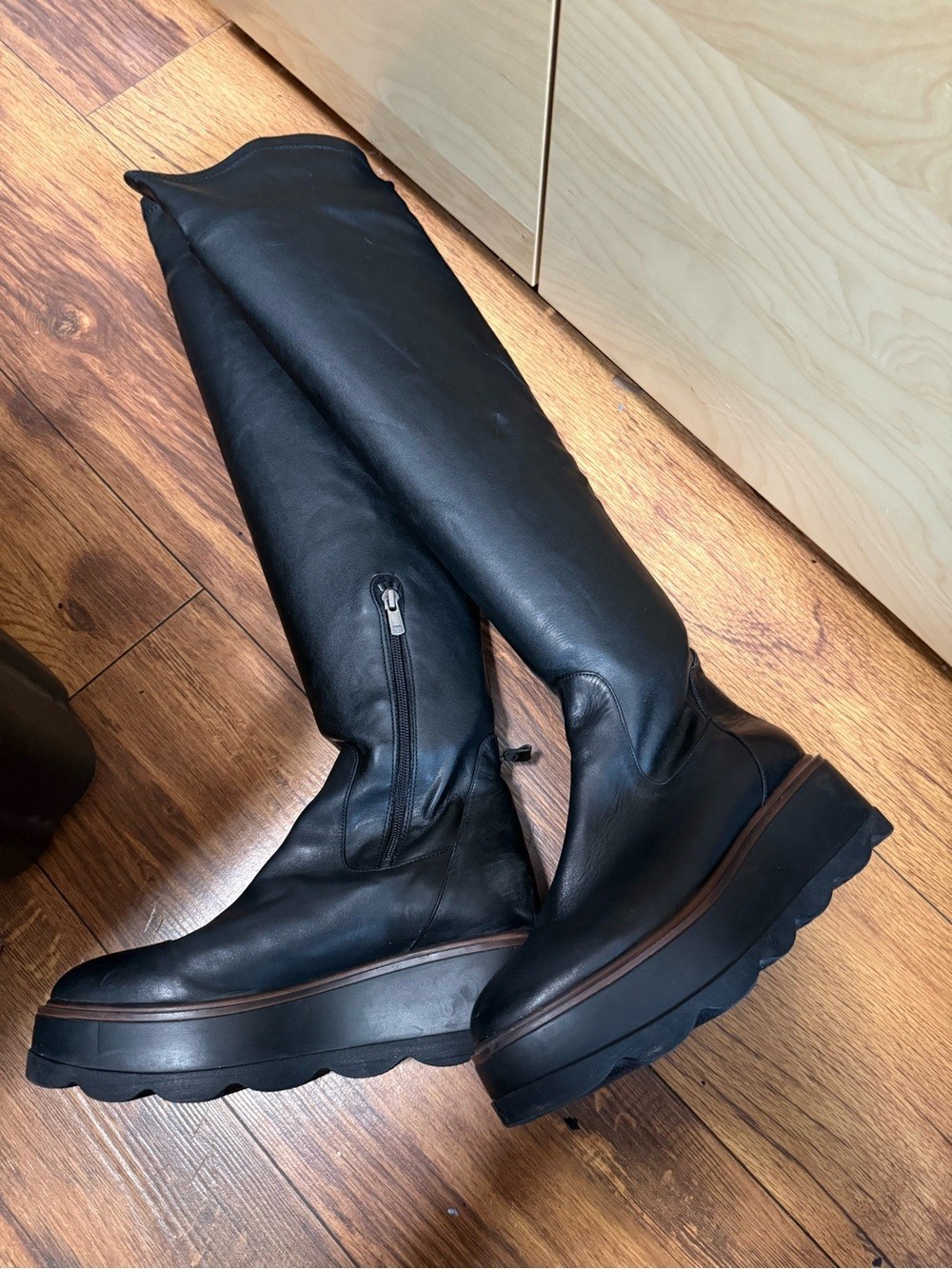 Black Platform Knee-High Leather Like Boots