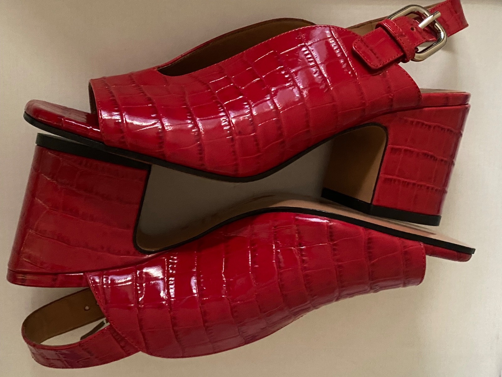 Nomasei Women’s Baghera Red Embossed Leather Slingback Sandals Size EUR 37.5