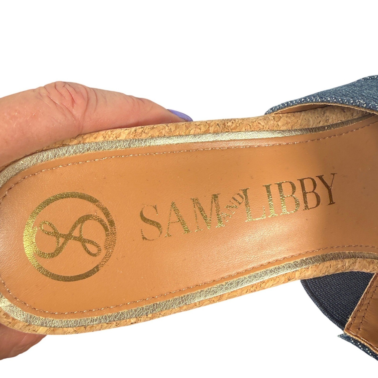 Sam & Libby Denim Cork Platform Wedge Slide Sandals Blue Buckle Size 8.5