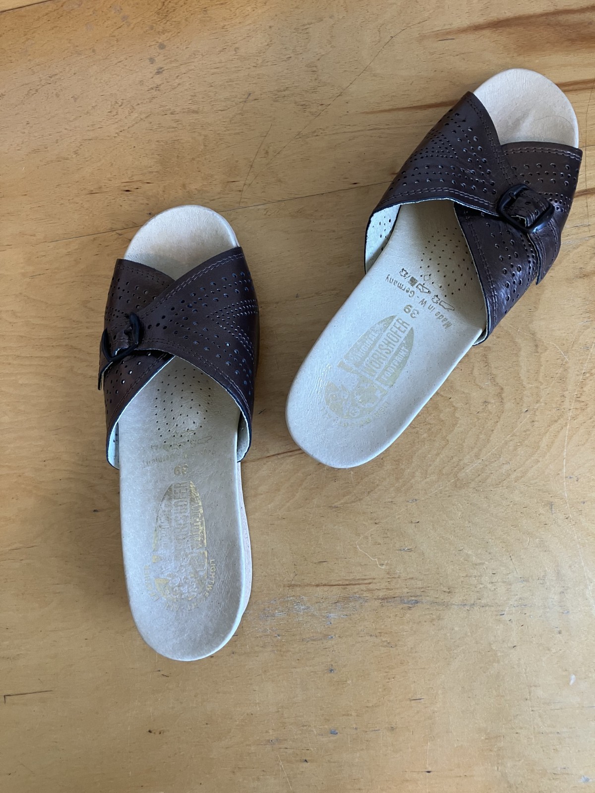 Worishofer Wedge Slide Sandals Women’s Size 39/8 Brown Leather Made in Germany