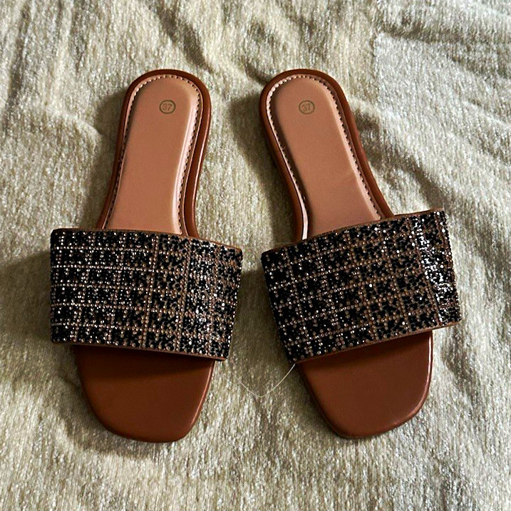 Women’s Beige/Black Synthetic Logo Strap Slip-On Slide Sandals Casual EU 37