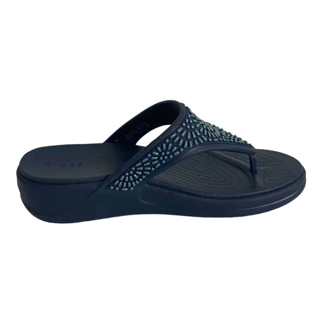 Crocs Monterey Diamante Women’s Navy Wedge Thong Sandals Size 7 Comfort Tongs